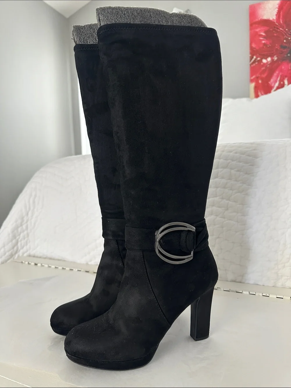 Black Over-the-Knee Suede Boots with Decorative Buckle